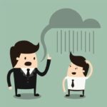 comic image of boss talking to employee and the speech bubble raining
