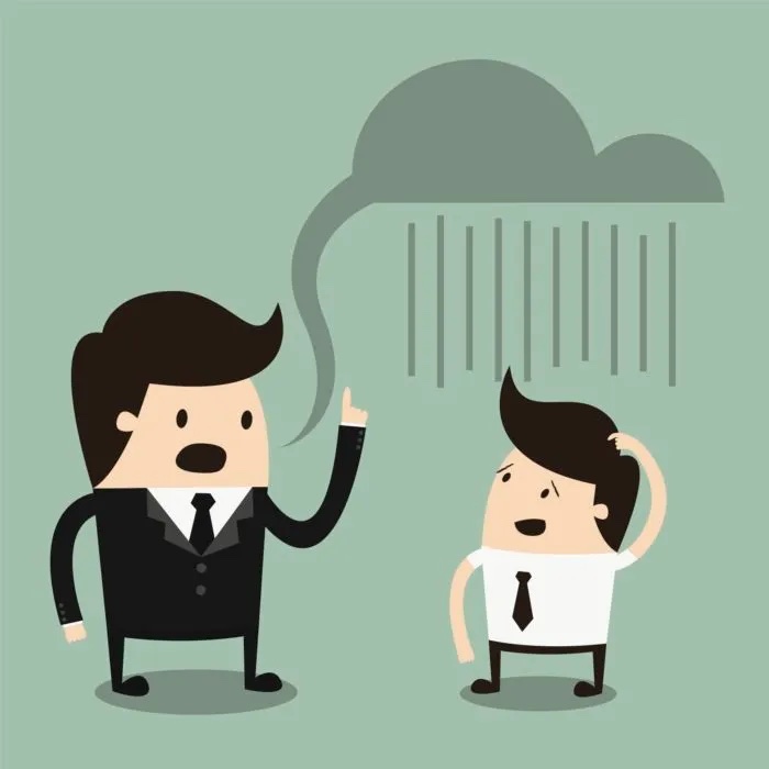 comic image of boss talking to employee and the speech bubble raining