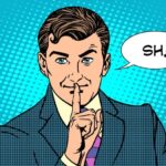comic style man with speech bubble saying "Sh!"